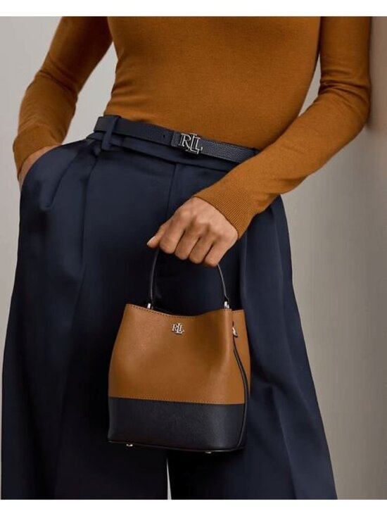 Lauren Ralph Lauren Handbags - Lauren Ralph Lauren Small 2 Tone Leather Reese Bucket Bag Tan/Navy (no long stra